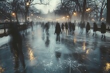 a group of people walking on a frozen area