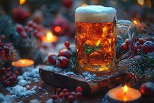 a glass of beer with a candle and berries