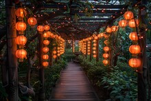 a walkway with lights and trees