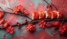 sushi on a branch with red flowers