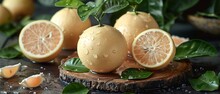 a group of oranges with leaves on a wooden surface