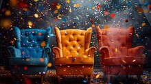 a group of colorful chairs with confetti flying in the air