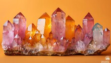 a group of crystals on a yellow background