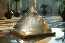 a clear pyramid on a table