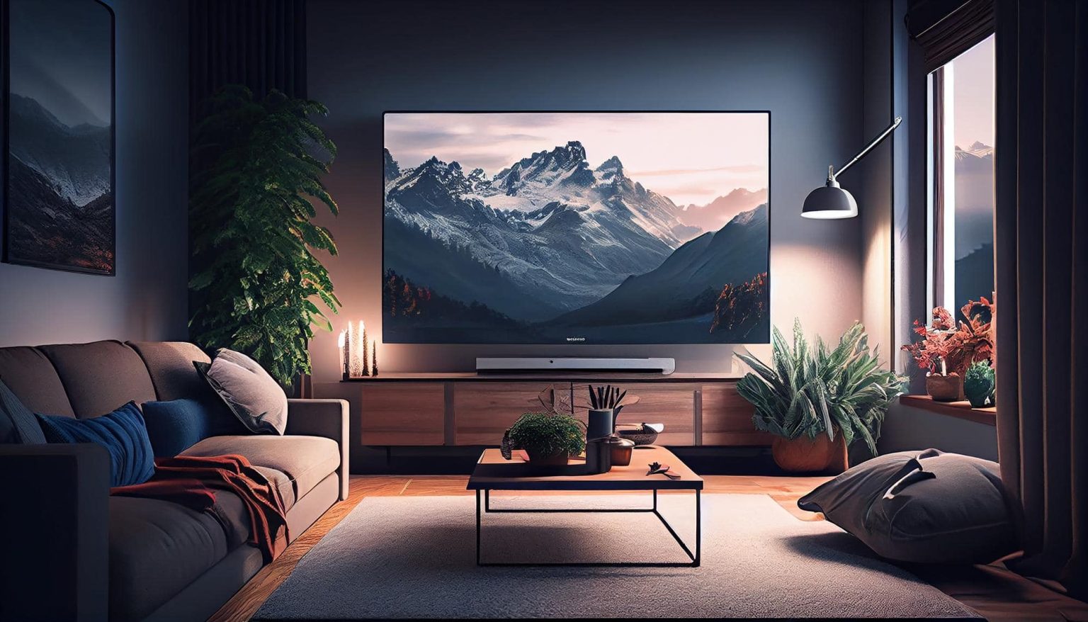 a living room with a large television and plants