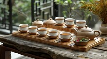 a group of tea cups and teapots on a wood tray