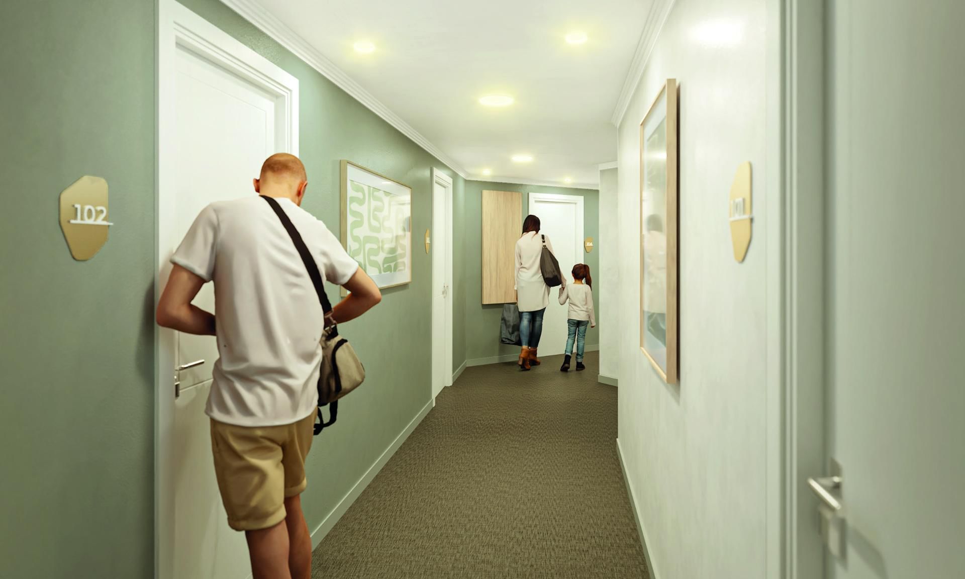 a man and a child walking in a hallway