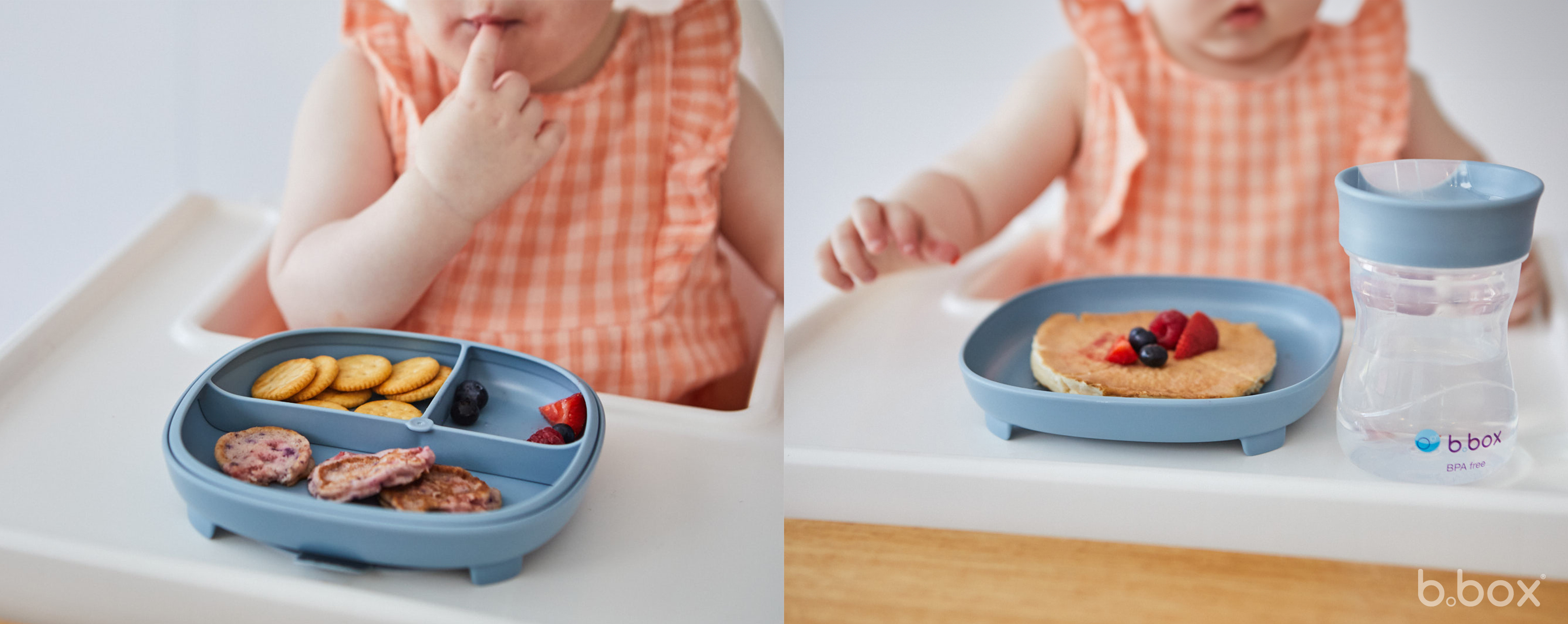 a baby eating pancakes with fruit