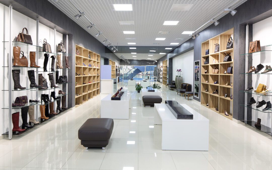 a store with shelves and shoes