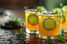 two glasses with orange liquid and cucumber slices