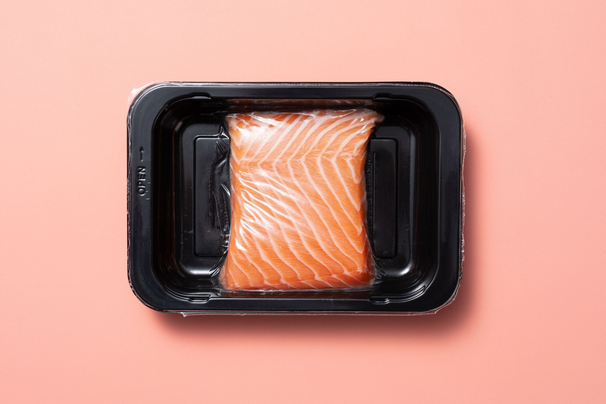 a piece of salmon in a black container