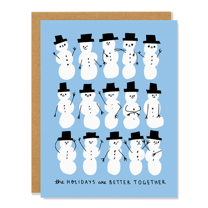 a blue card with white snowmen and black text