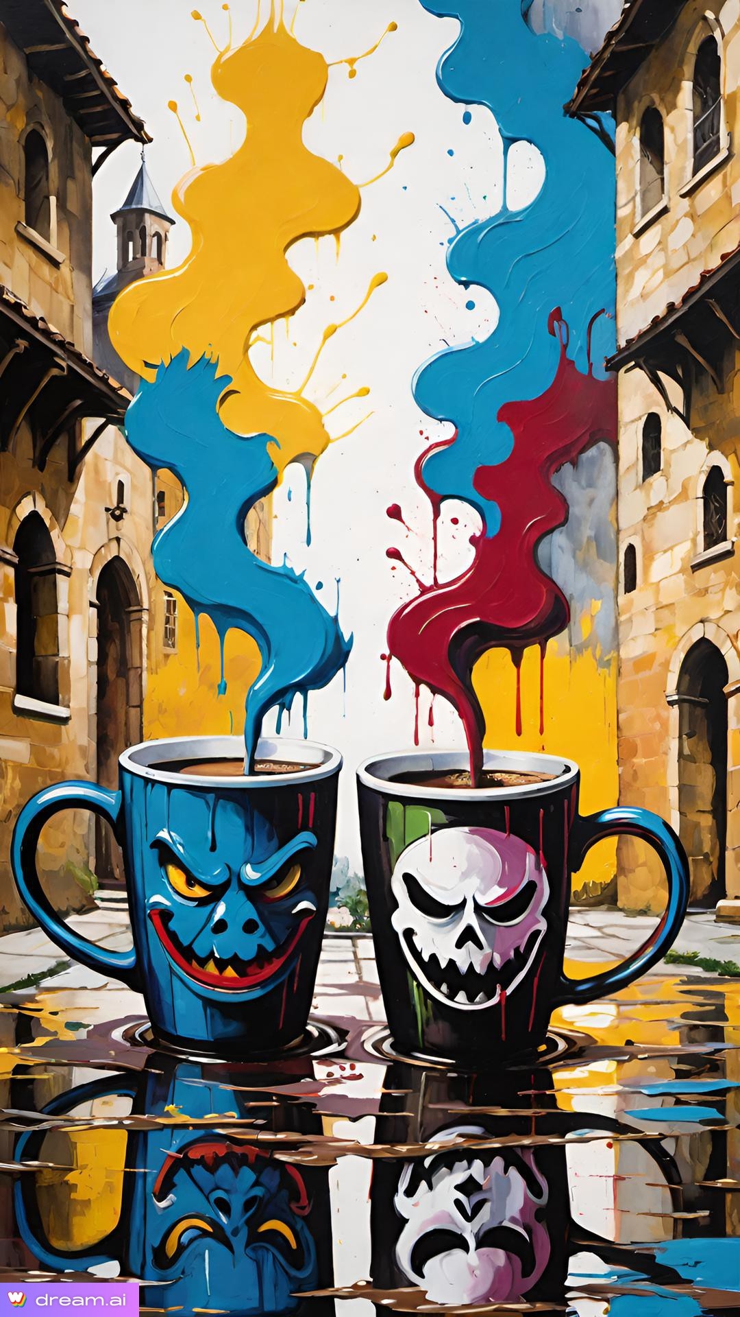 a painting of two cups with colorful smoke coming out of them