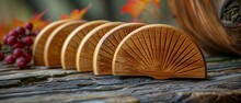 a row of wooden fan