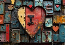 a heart shaped metal sign with letters