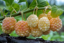 a group of yellow berries on a branch