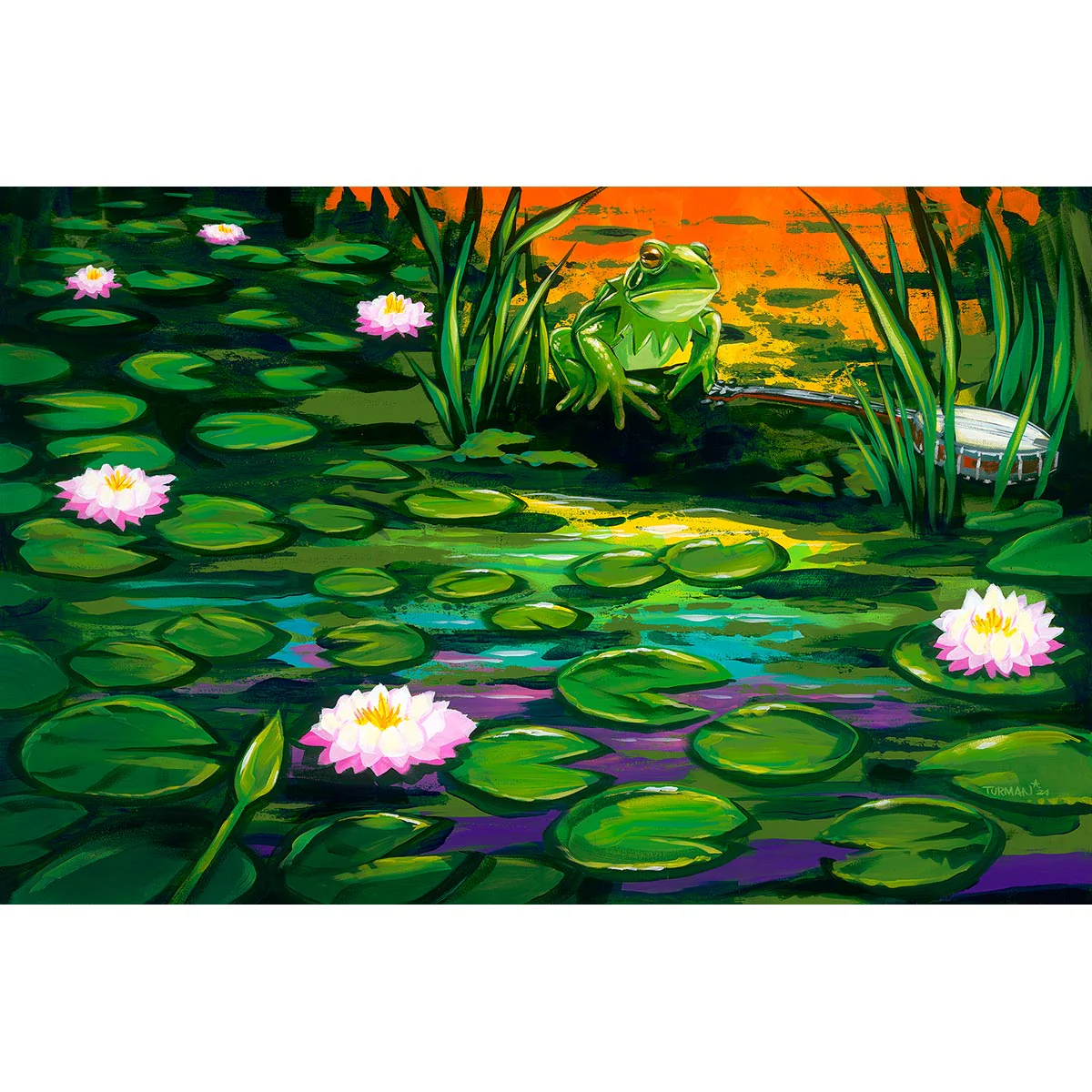 a frog sitting on a rope in a pond with lily pads