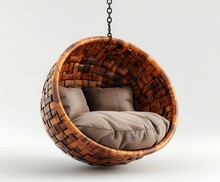 a round wicker chair with a pillow from a chain