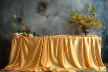 a table with a yellow cloth and flowers