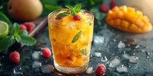 a glass of orange drink with mint leaves and berries