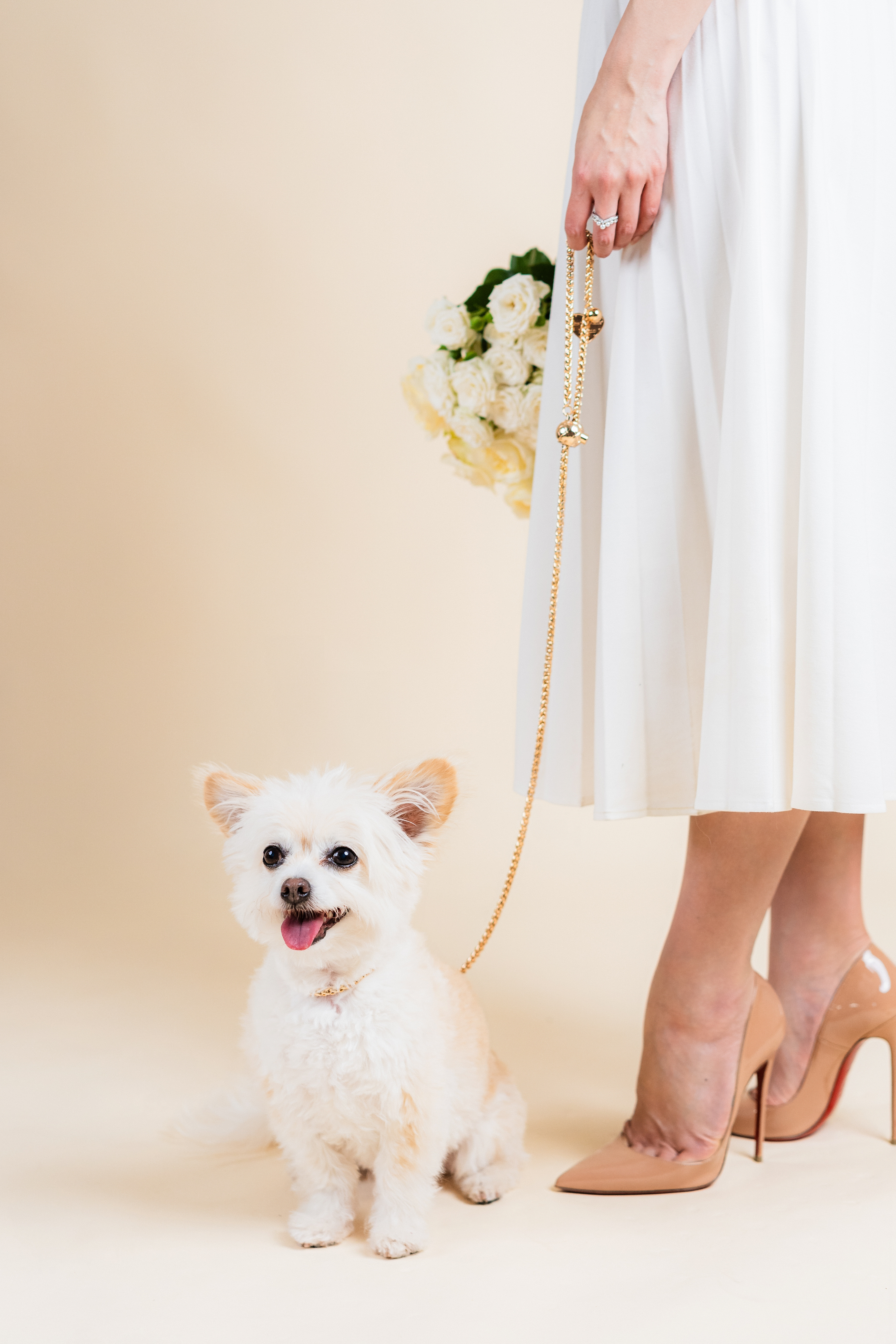 a woman in a white dress holding a dog