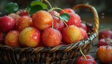 a basket of red and yellow cherries