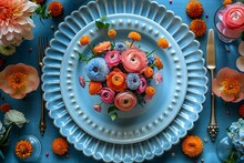 a blue plate with flowers on it