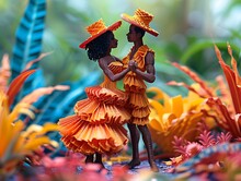 a couple of people in orange dresses dancing in a tropical garden