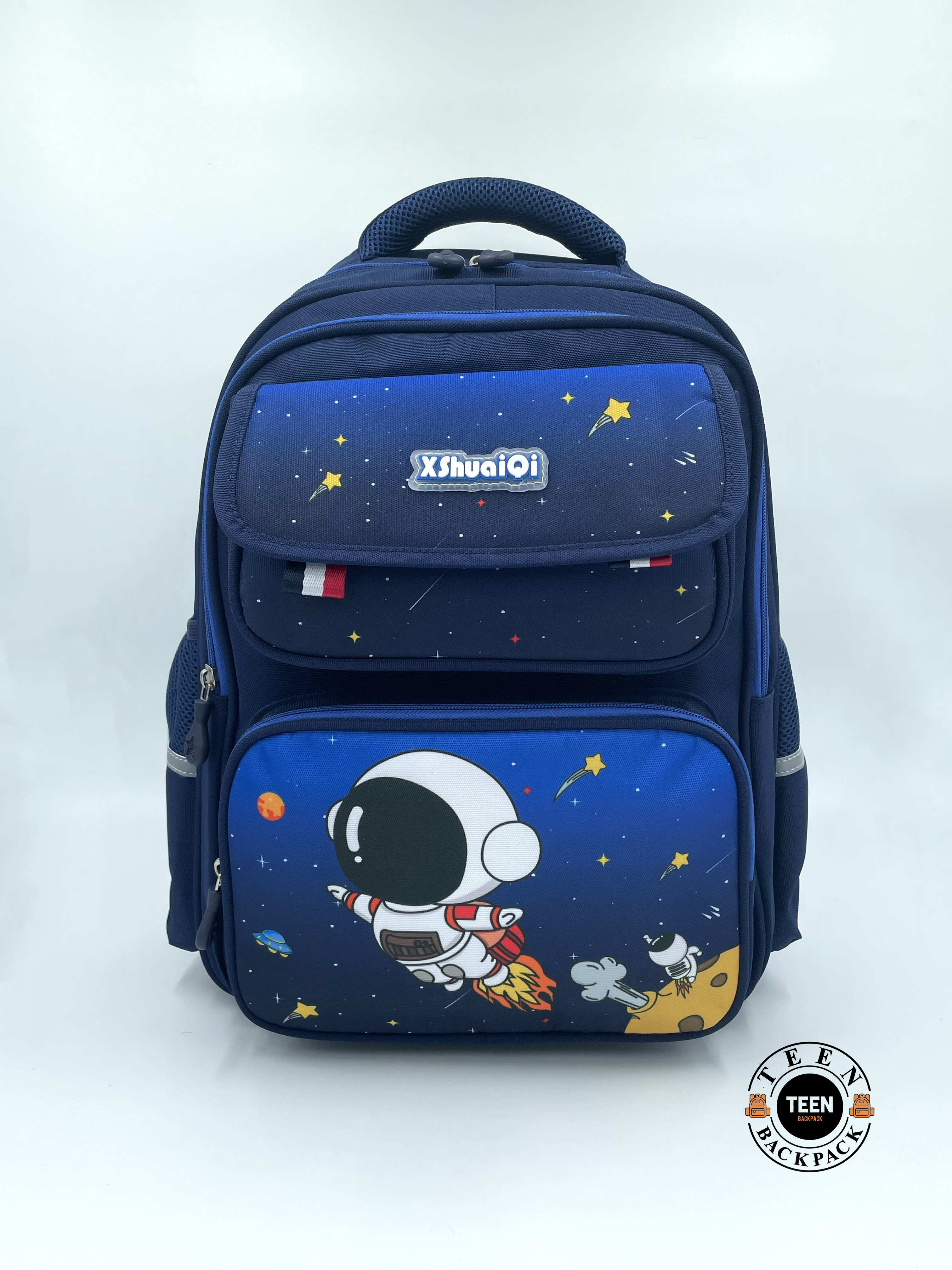 a backpack with a cartoon astronaut on it