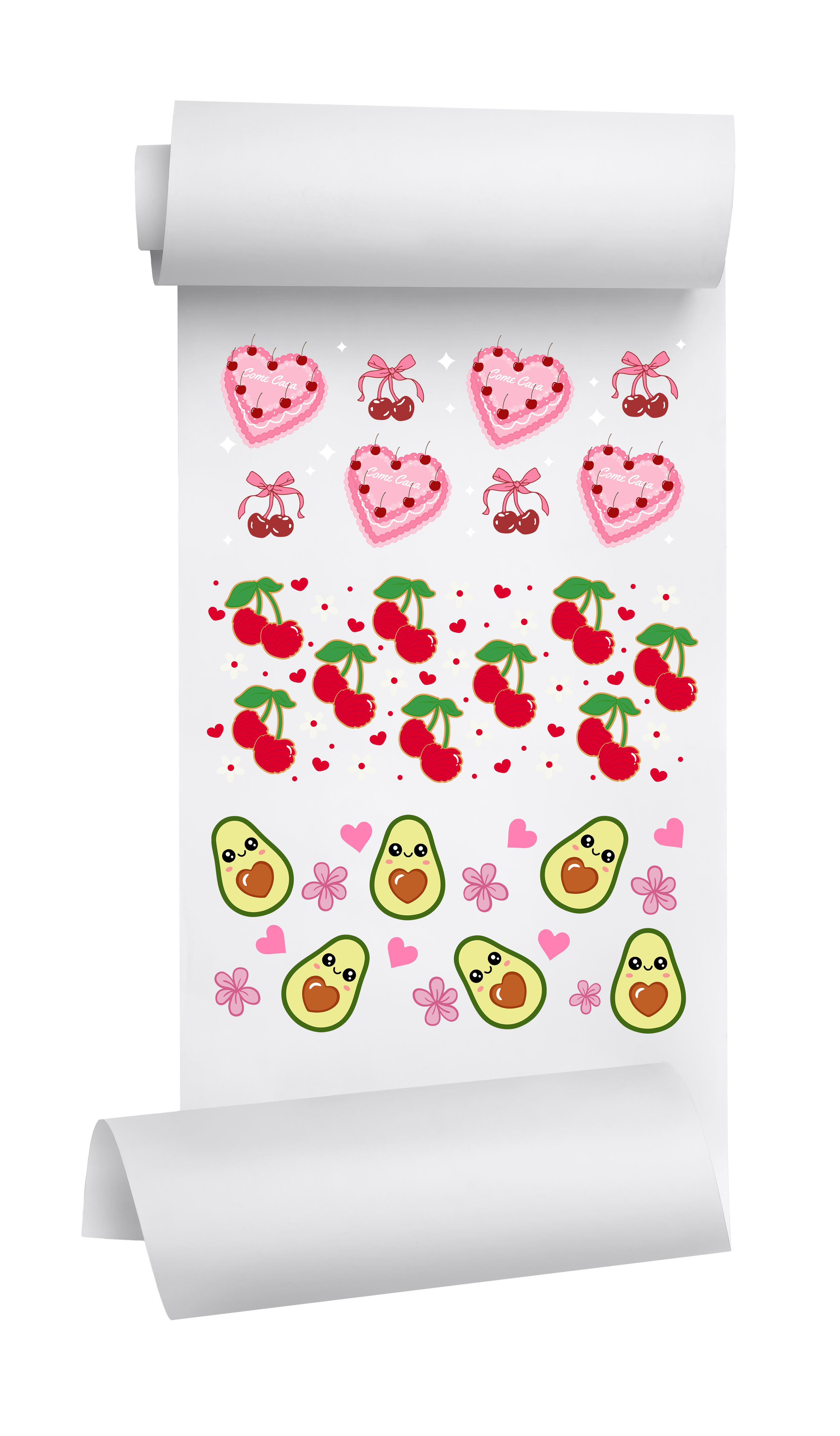 a wallpaper with cartoon fruits and hearts