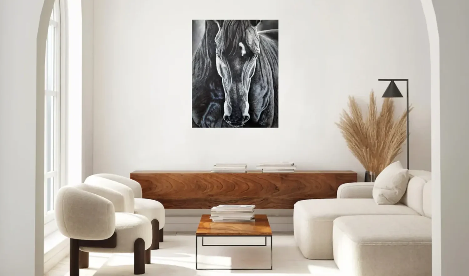 a room with a horse and a coffee table