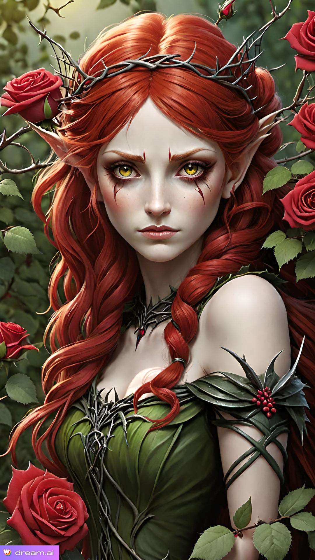 a woman with red hair and red eyes