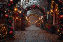 a walkway with lights and decorations