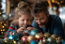 a man and a girl looking at ornaments