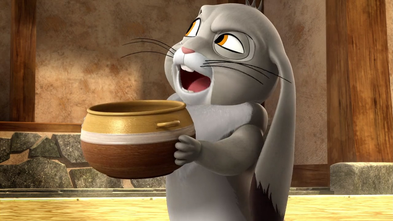 a cartoon rabbit holding a pot