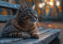 a cat sitting on a bench