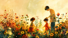 a man and two children in a flower garden