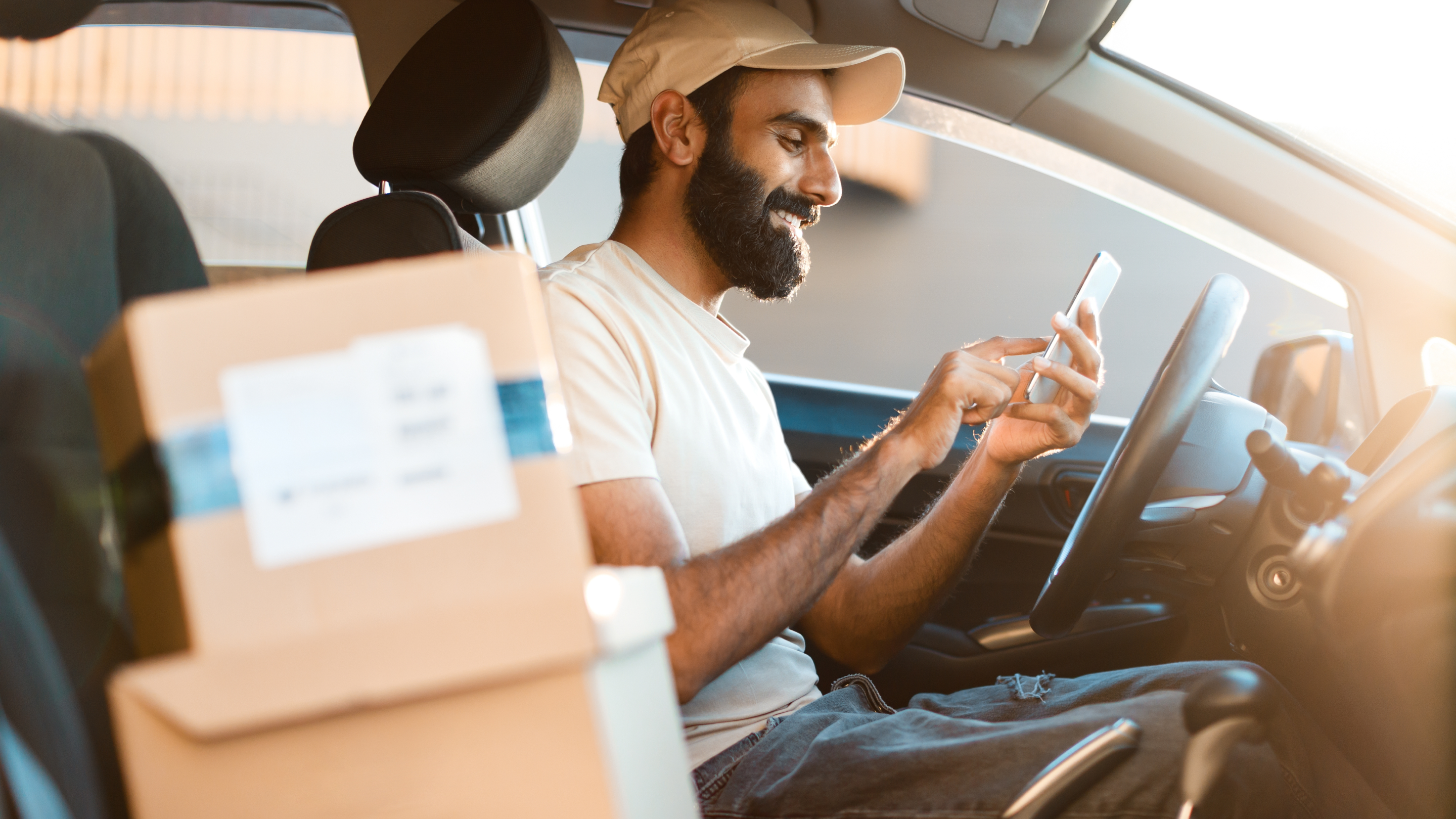 a man in a car looking at his phone