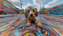 a dog lying on a colorful surface