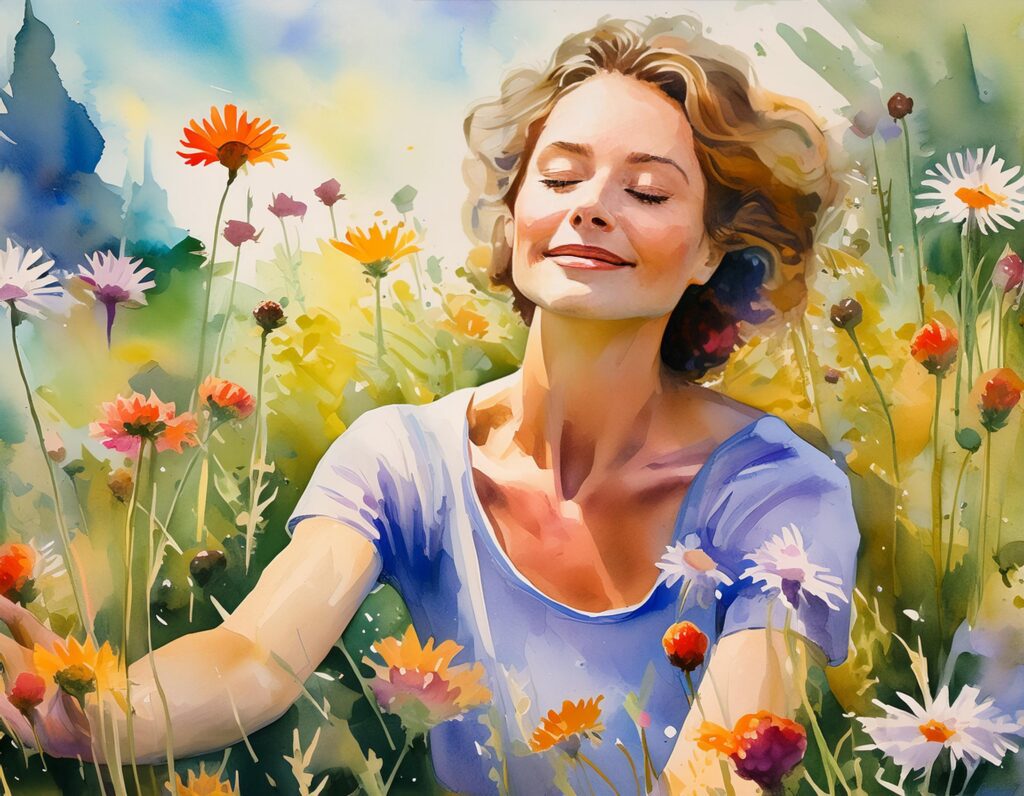 a woman in a field of flowers