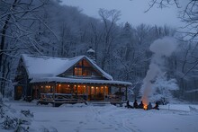 a house with a fire in the snow