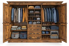 a large wooden closet with clothes and bags