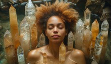 a woman with curly hair surrounded by crystals