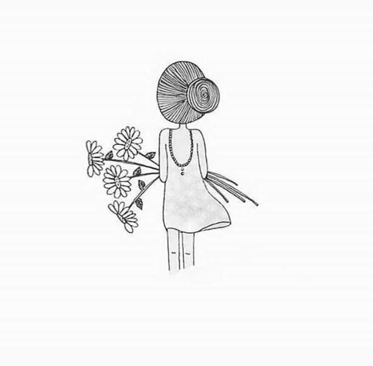 a drawing of a girl holding flowers