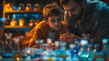 a man and boy looking at a test tube