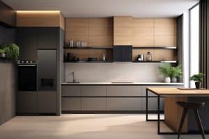 a kitchen with a black and brown cabinetry