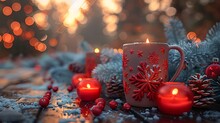 a candle and a mug on a table