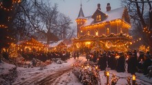 a building with lights and snow