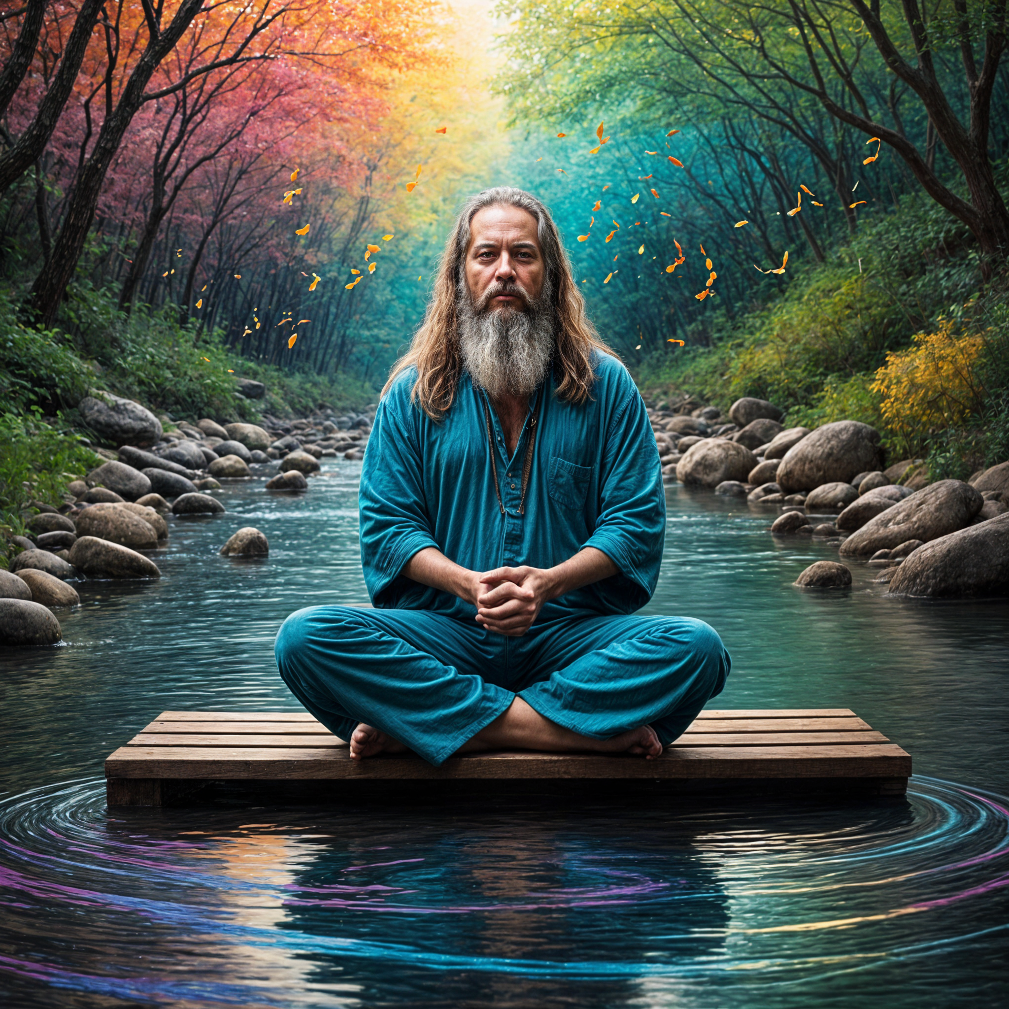 a man sitting on a floating platform in a river surrounded by trees