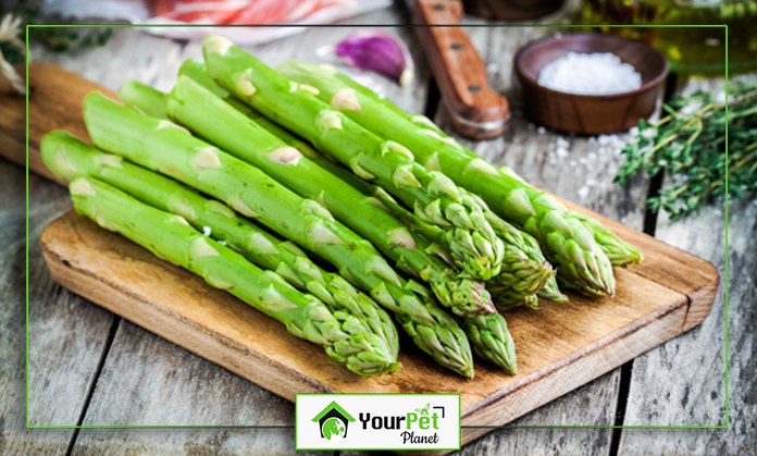 a group of asparagus on a cutting board